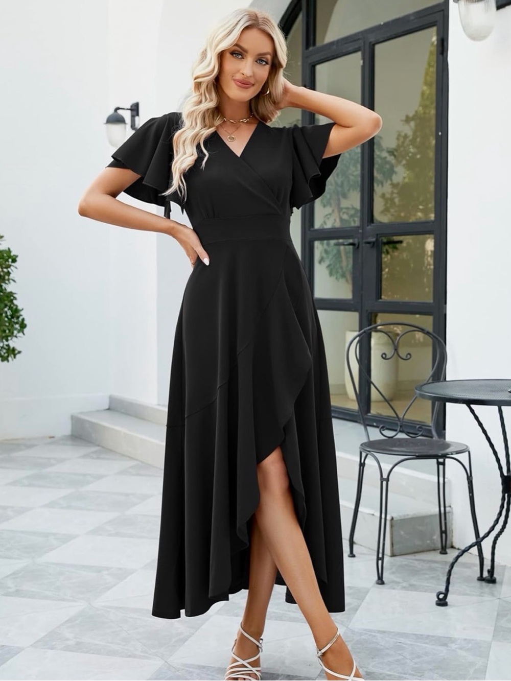 Black V-Neck High-Low Ruffle Maxi Dress - Picture 2 of 6